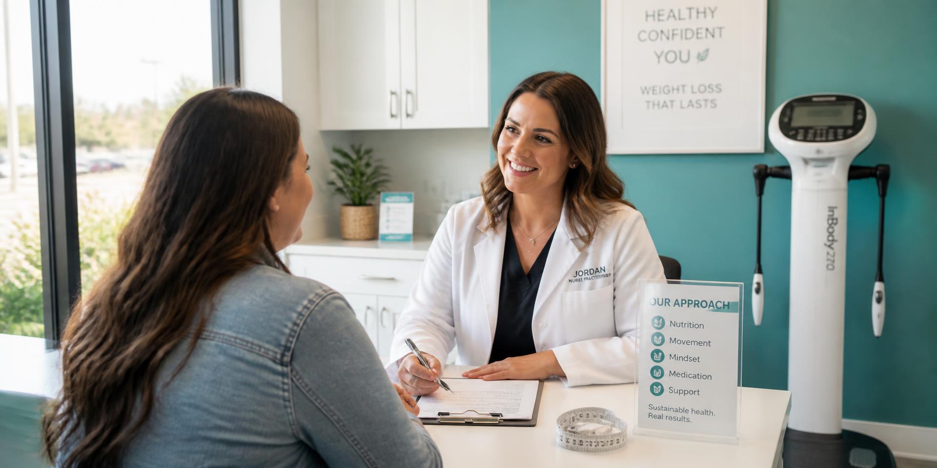 Nurse practitioner consulting with a patient in a modern weight loss clinic